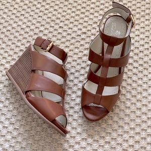 BROOKS BROTHERS Strappy Wedge Gladiator Ankle Strap Leather Sandals Brown 7.5